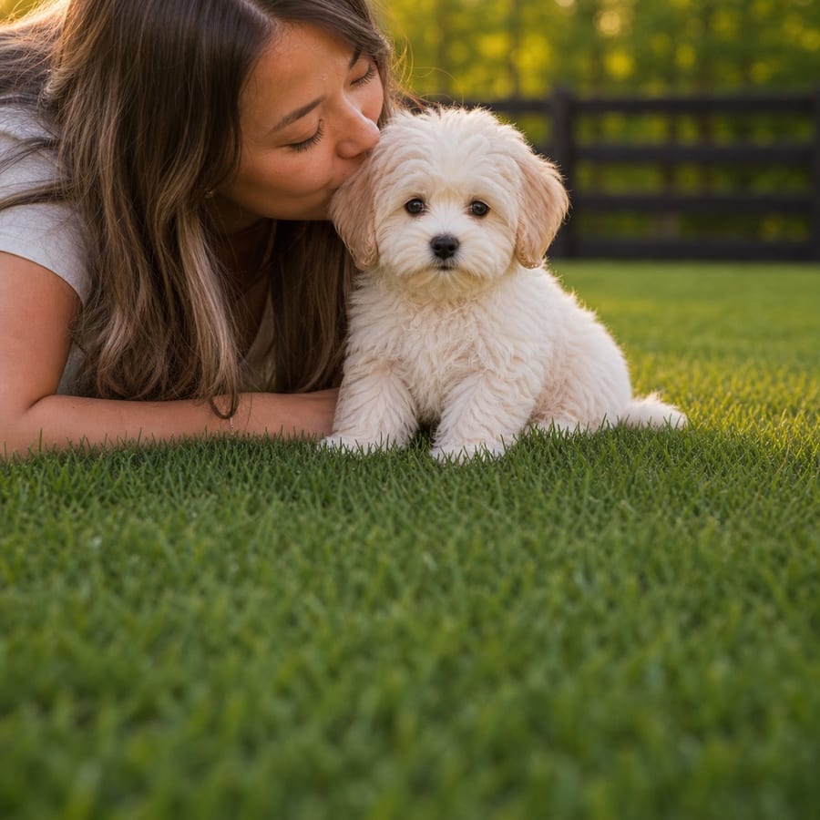 A woman kissing a fluffy cream Maltishi puppy on a sunlit, fenced North Texas lawn at golden hour