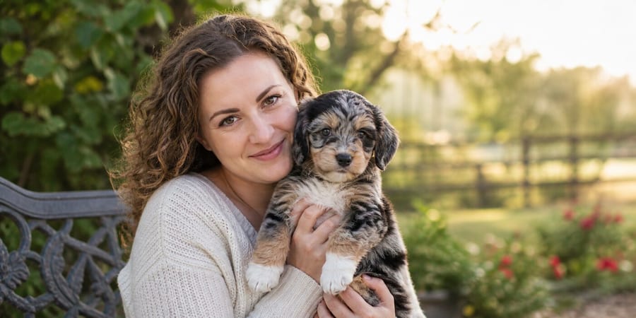 An adult woman holding a young Mini Aussiepoo puppy close in a North Texas garden