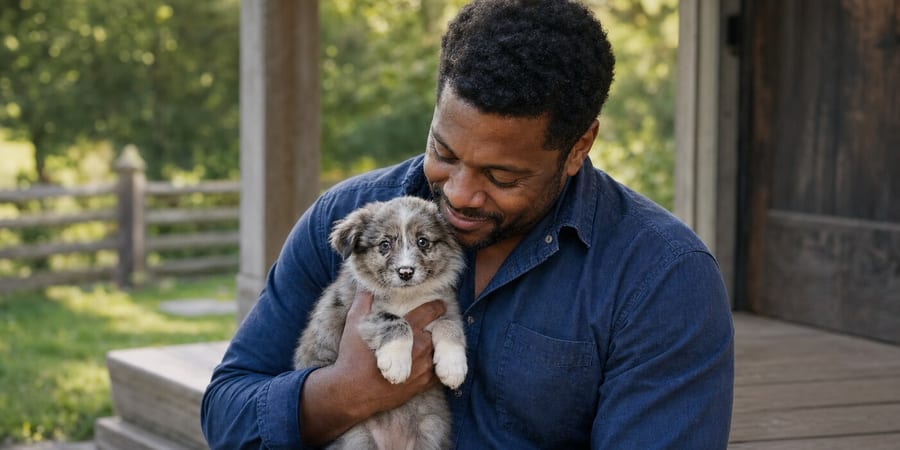 An adult man holding a young Mini Australian Shepherd puppy close in a North Texas garden