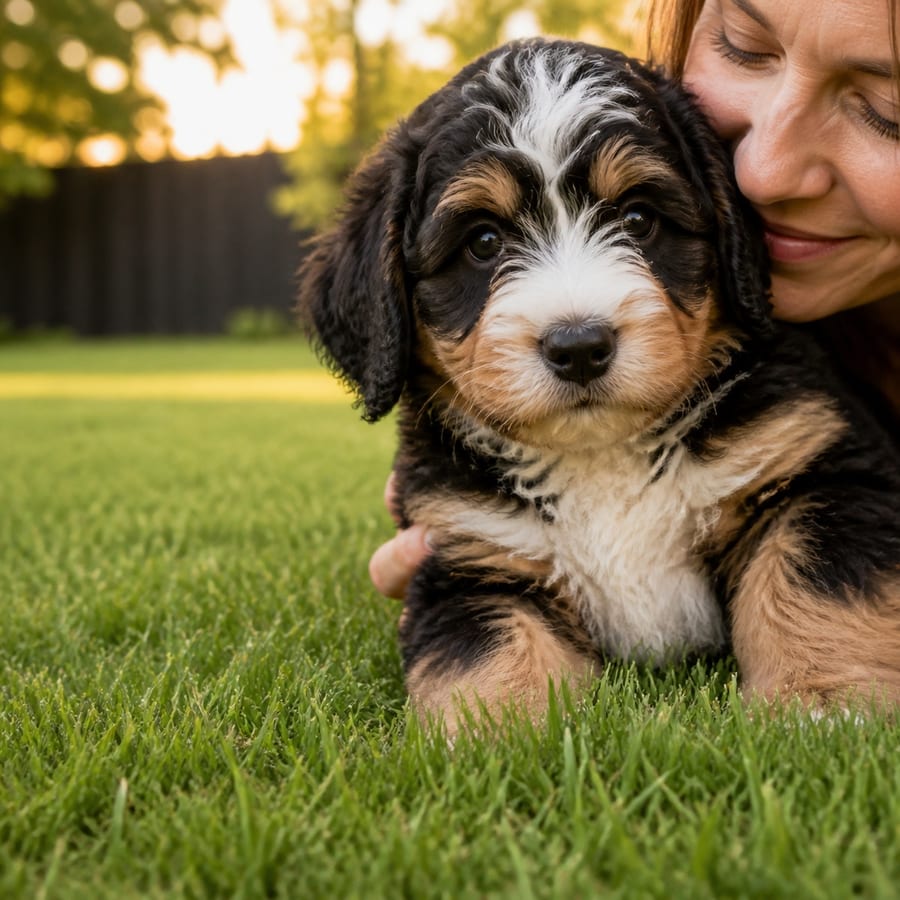 A woman kissing a tricolor curly Mini Bernedoodle puppy on a sunlit, fenced North Texas lawn at golden hour
