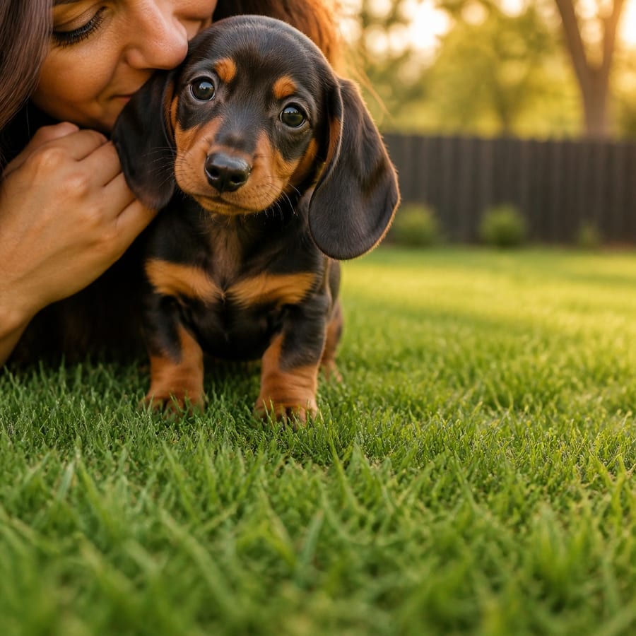 An adult woman holding a young Mini Dachshund puppy close in a North Texas garden