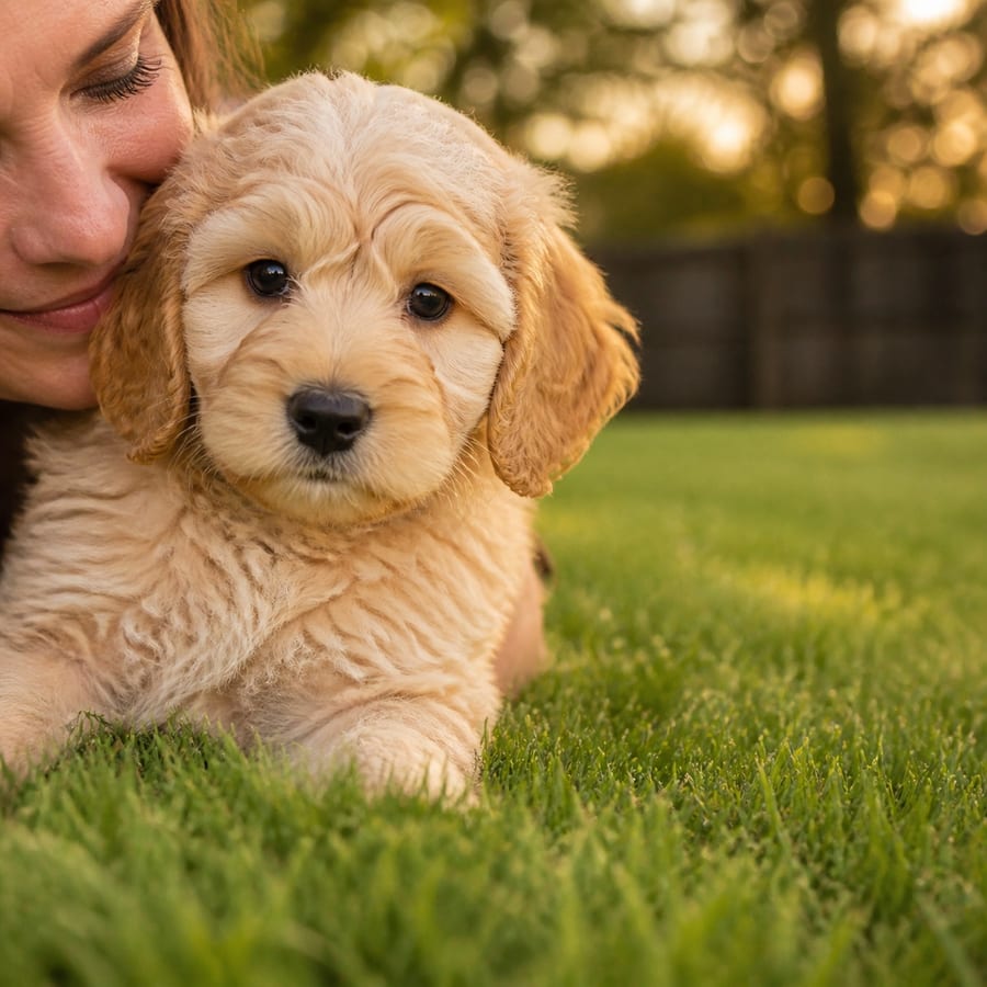 A woman kissing a curly apricot Mini Goldendoodle puppy on a sunlit, fenced North Texas lawn at golden hour