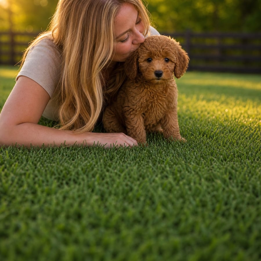 A woman kissing a curly red Mini Poodle puppy on a sunlit, fenced North Texas lawn at golden hour