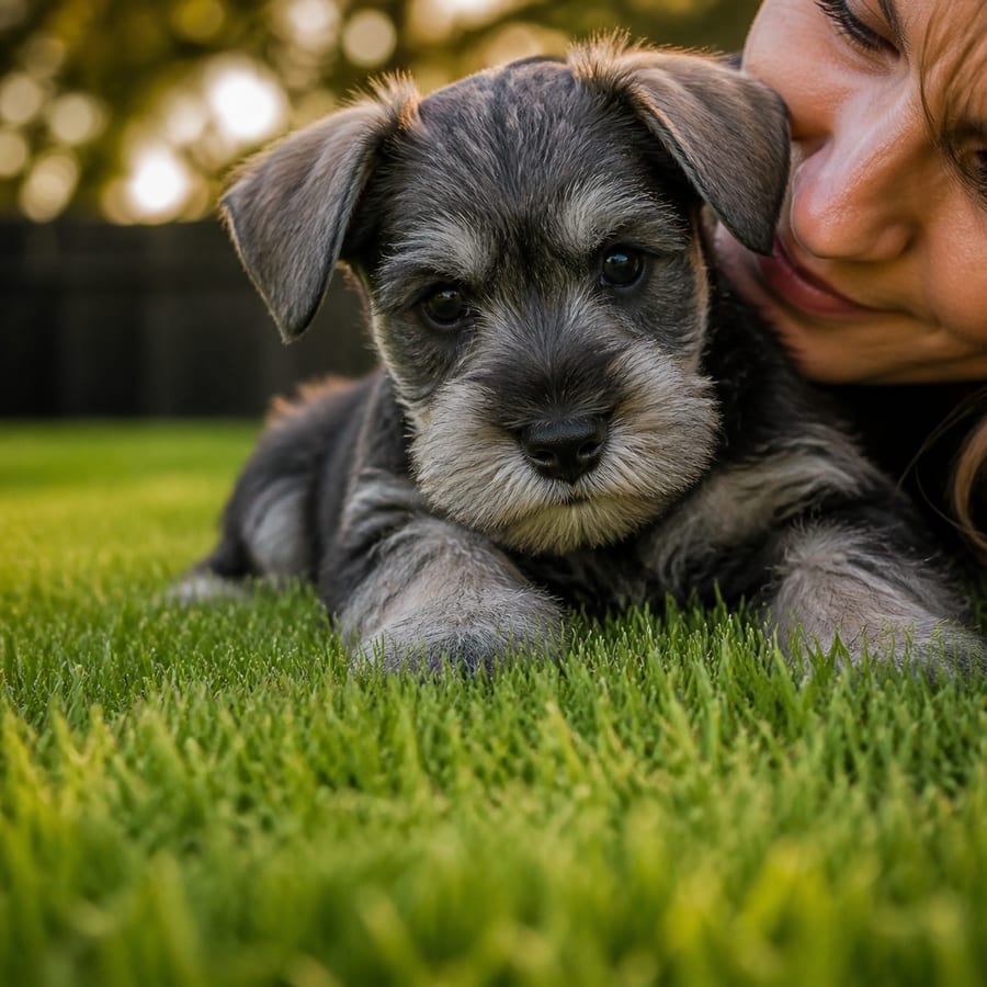 An adult man holding a young Mini Schnauzer puppy close in a North Texas garden
