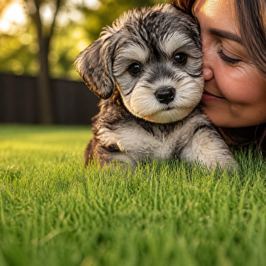 An adult woman holding a young Mini Schnoodle puppy close in a North Texas garden