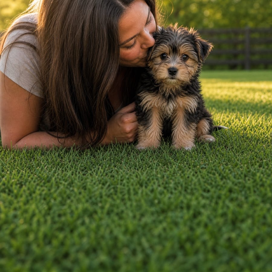 A woman kissing a black-and-tan Morkie puppy on a sunlit, fenced North Texas lawn at golden hour