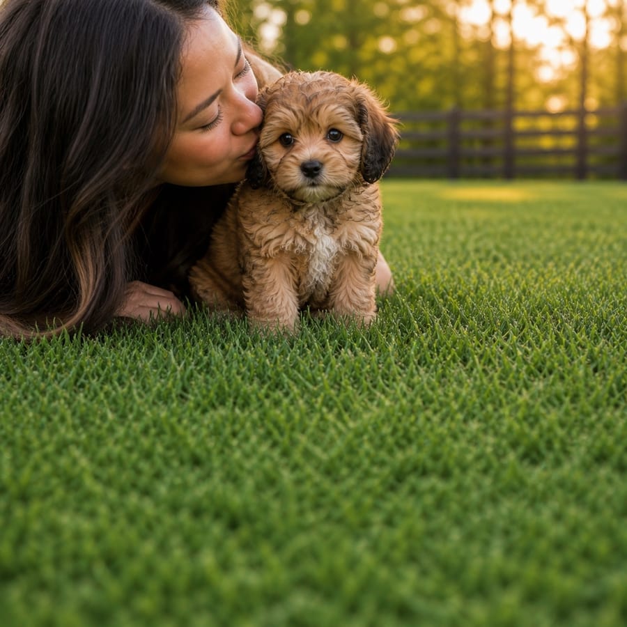 A woman kissing a curly apricot Peekapoo puppy on a sunlit, fenced North Texas lawn at golden hour