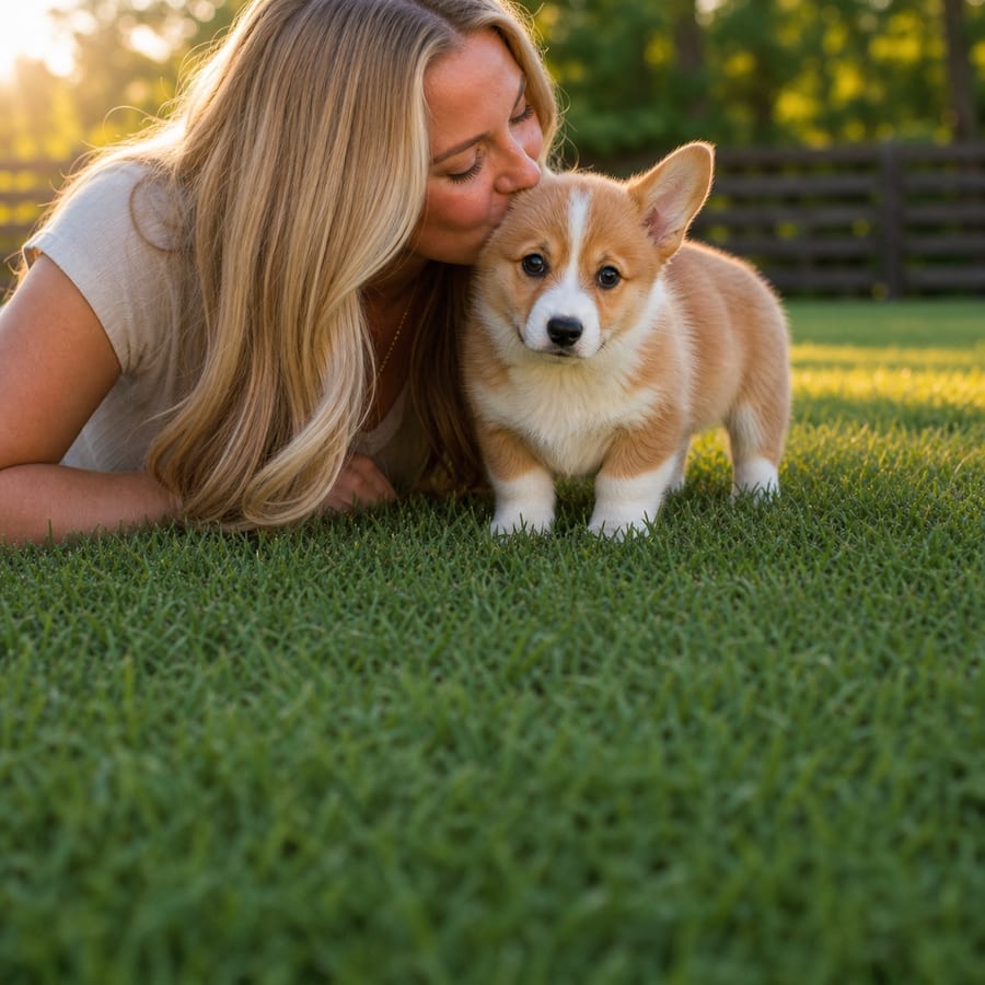 A woman kissing a red-and-white Pembroke Welsh Corgi puppy on a sunlit, fenced North Texas lawn at golden hour