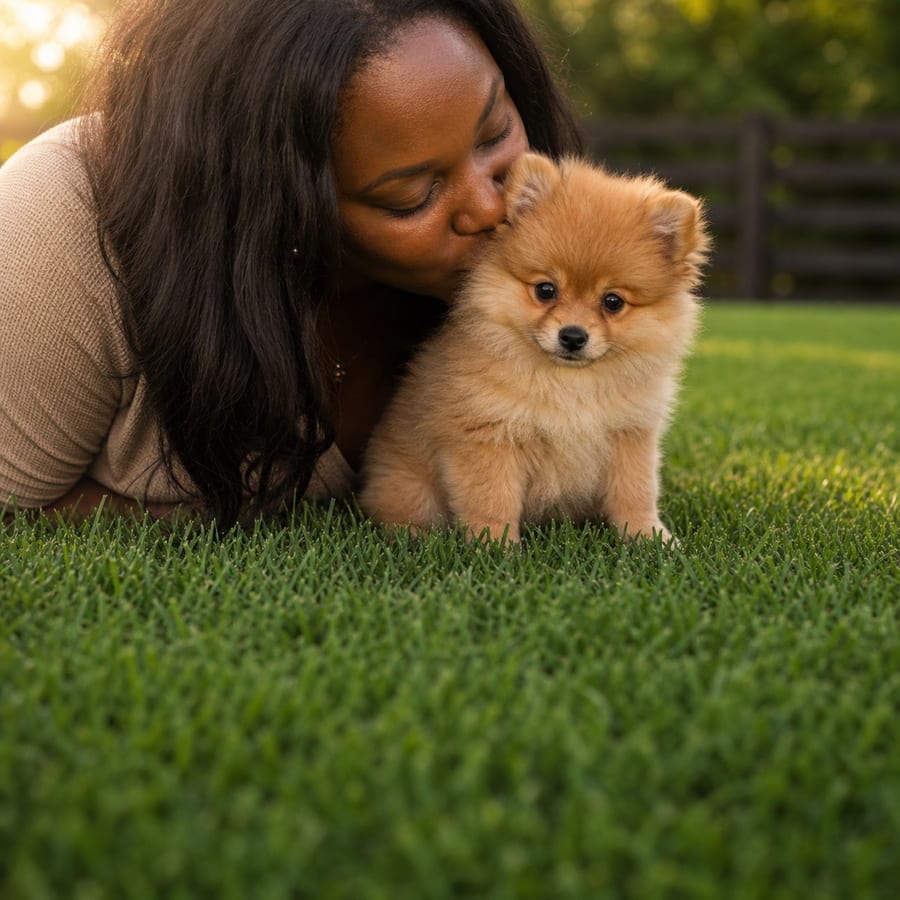 A woman kissing a fluffy orange Pomeranian puppy on a sunlit, fenced North Texas lawn at golden hour