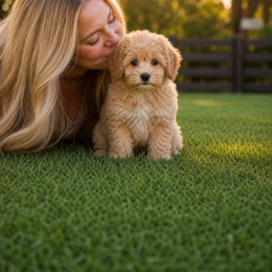 A woman kissing a curly cream Pompoo puppy on a sunlit, fenced North Texas lawn at golden hour