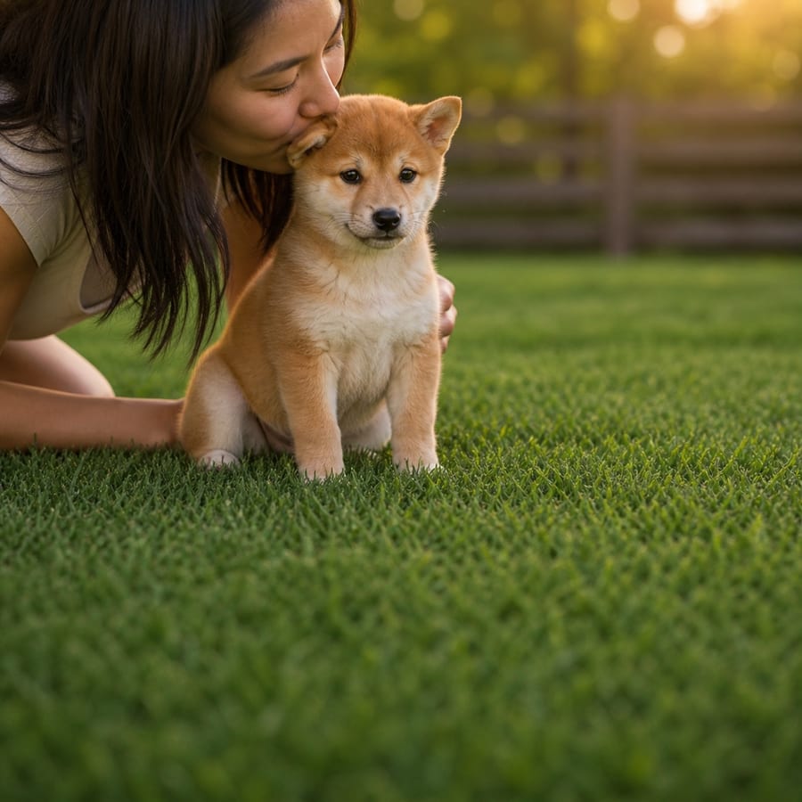 A woman kissing a red-and-white Shiba Inu puppy on a sunlit, fenced North Texas lawn at golden hour