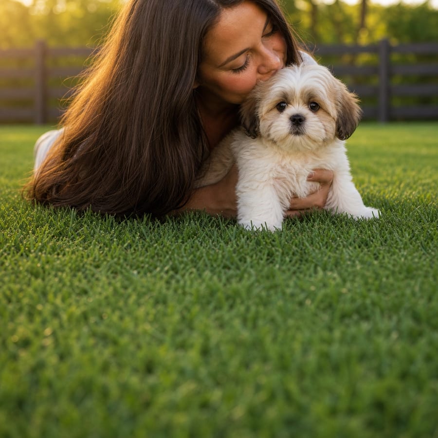 A woman kissing a fluffy cream-and-tan Shih Tzu puppy on a sunlit, fenced North Texas lawn at golden hour