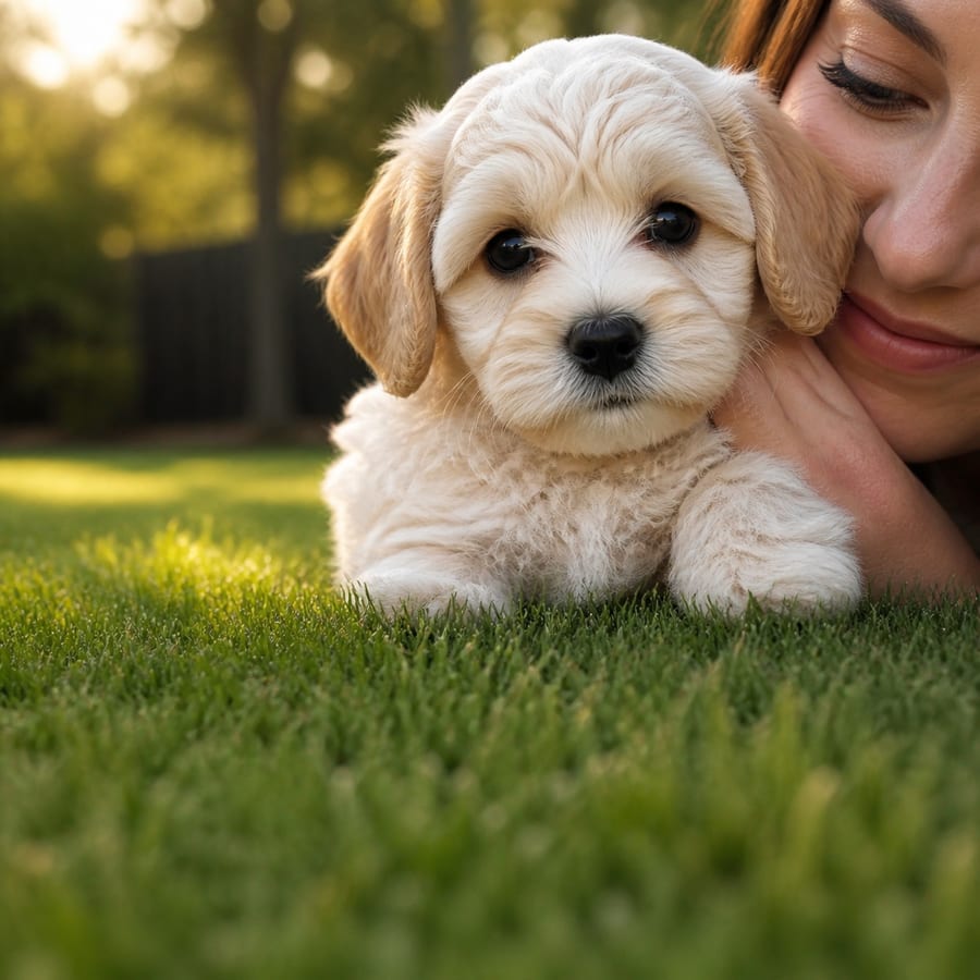 A woman kissing a curly cream Shihpoo puppy on a sunlit, fenced North Texas lawn at golden hour