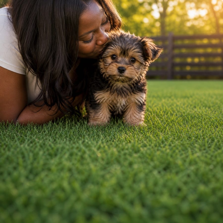 A woman kissing a black-and-tan Shorkie puppy on a sunlit, fenced North Texas lawn at golden hour