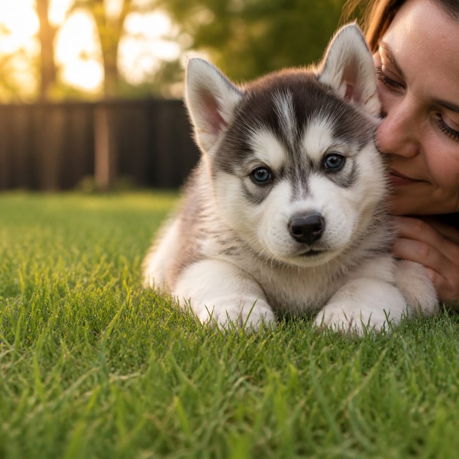 An adult woman holding a young Siberian Husky puppy close in a North Texas garden