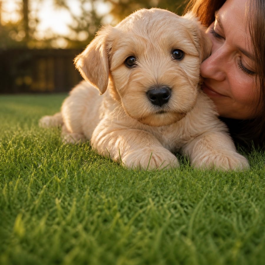 An older woman holding a young Soft Coated Wheaten Terrier puppy close in a North Texas garden