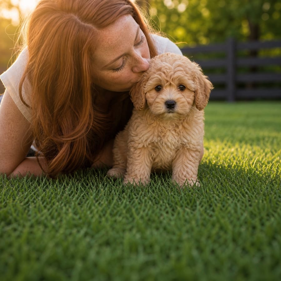 A woman kissing a curly cream Teddy Bear puppy on a sunlit, fenced North Texas lawn at golden hour
