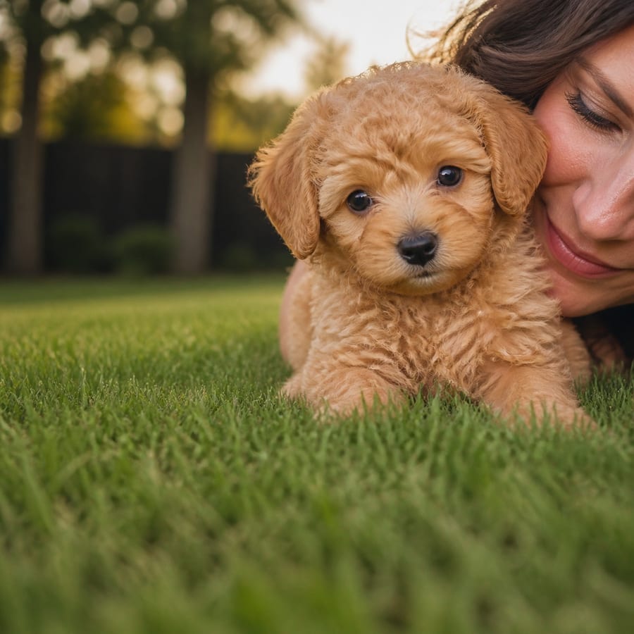 An adult woman holding a young Toy Poodle puppy close in a North Texas garden