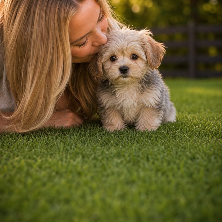 A woman kissing a fluffy cream Yorkiechon puppy on a sunlit, fenced North Texas lawn at golden hour