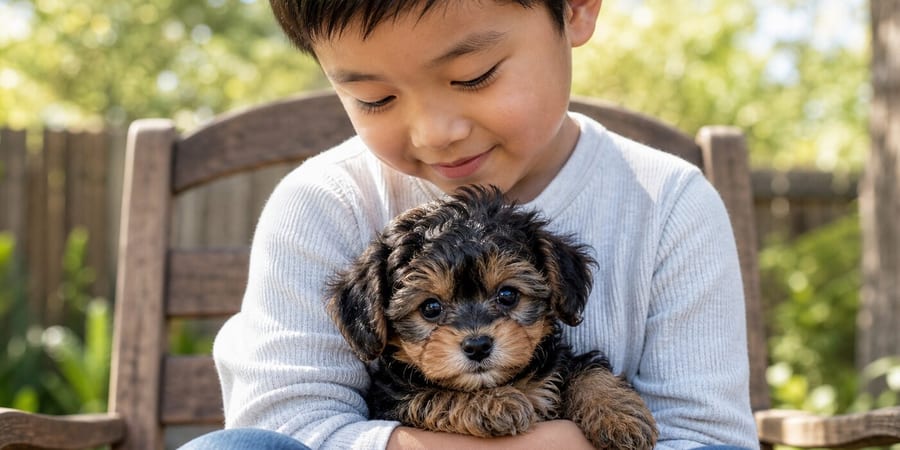 A young child holding a young Yorkiepoo puppy close in a North Texas garden