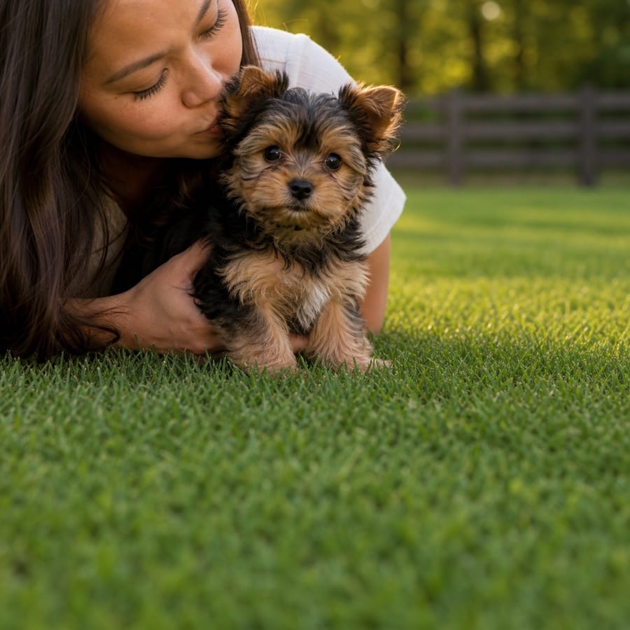 A woman kissing a black-and-tan Yorkshire Terrier puppy on a sunlit, fenced North Texas lawn at golden hour
